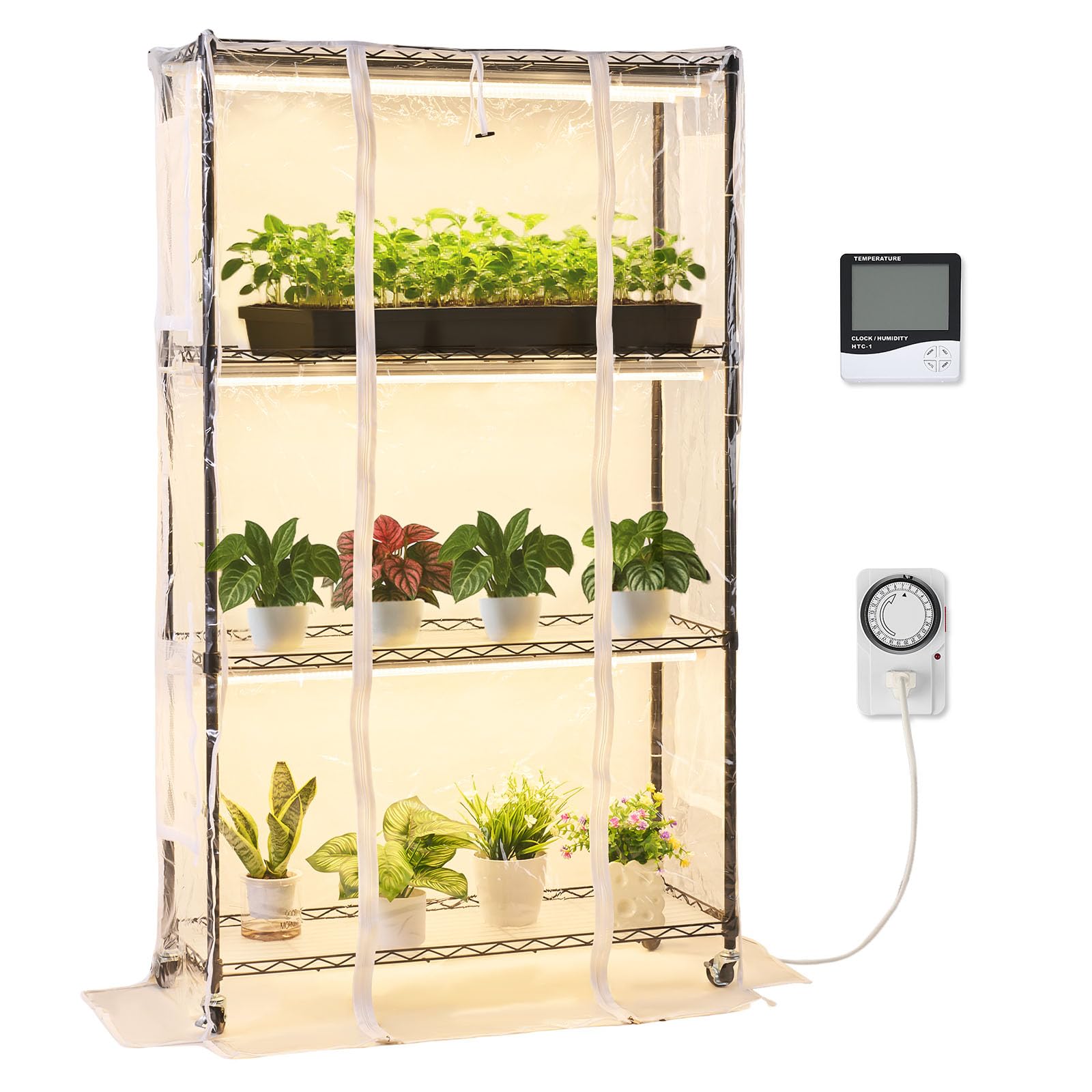 VEVOR Pflanzenregal mit Wachstumslicht, 4-stufiger Pflanzenständer mit transparenter Abdeckung, Timer & Hygrometer, 180W Vollspektrum-Lichter, Blumenregal für Zimmerpflanzen 90x35x150 cm