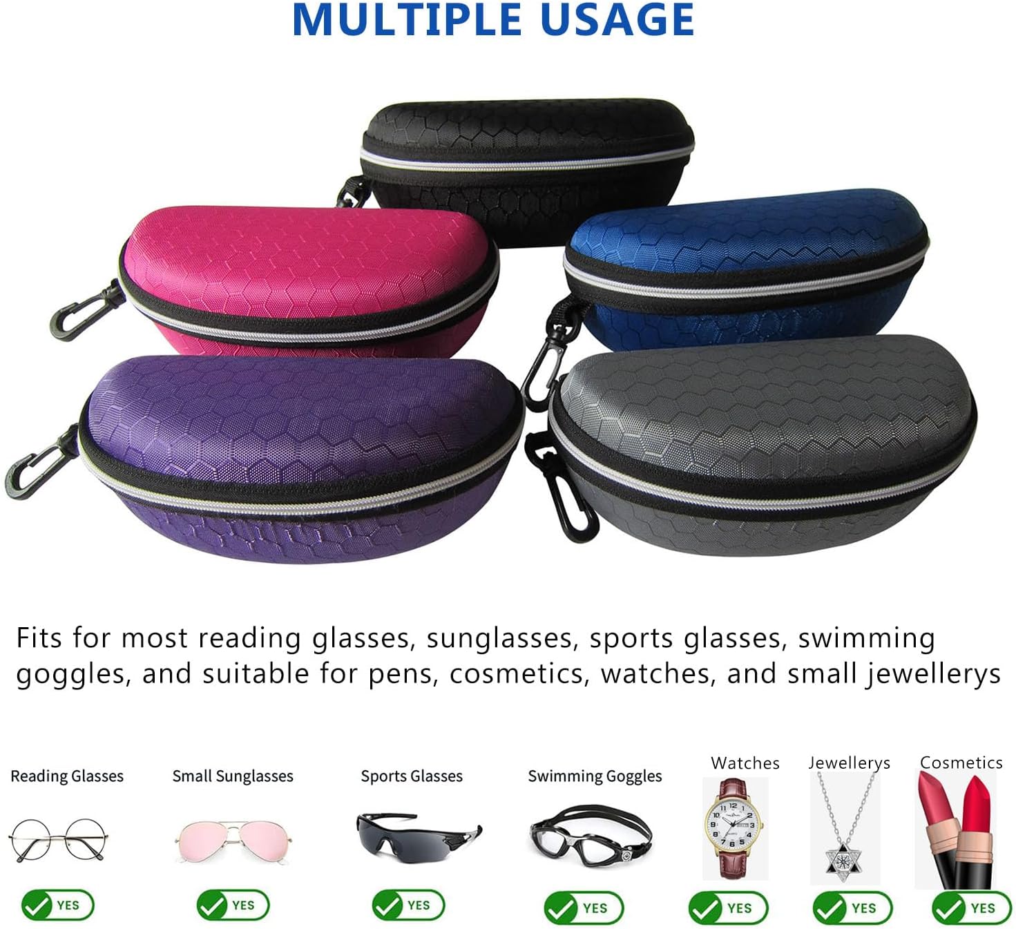 5 Pack Hard Shell Sunglasses Cases with Zipper Honeycomb Waterproof Eyeglasses Case Hard Shell with Carabiner for Men and Women Purple Red Gray Black Blue Eyeglasses Case Bulk - Image 3