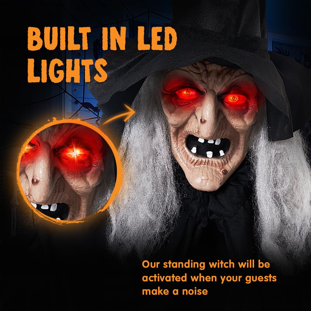 JOYIN 1,8 m Halloween Animatronics Strega con canna, decorazioni di Halloween a grandezza naturale con suono raccapricciante e occhi luminosi, attivazione del suono animata casa infestata puntello
