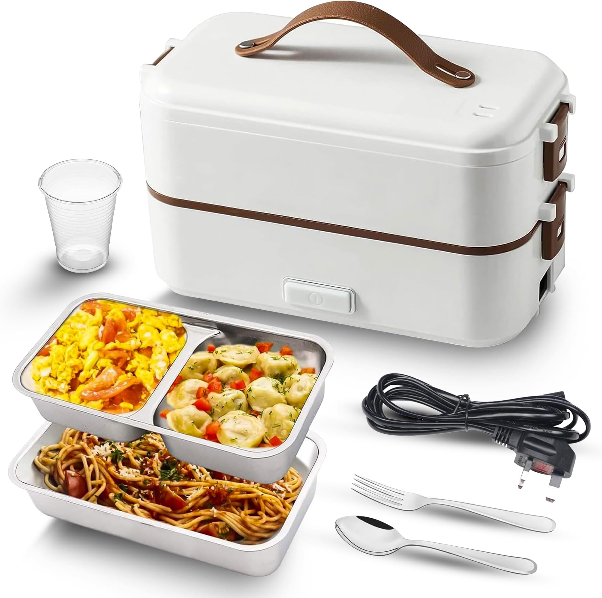 Plus BrushWhite Electric Bento Box - Portable Food Heater & Cooker with Glass Cup, Spoon & Fork - Multi-Function Lunch Warmer with Type G for Office, Home, Travel