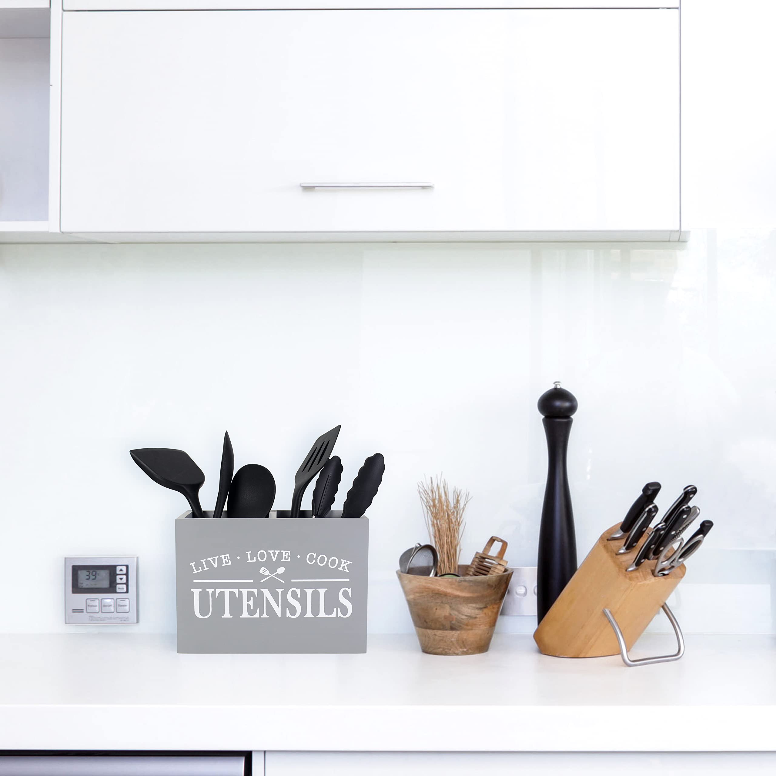 Portautensili Da Cucina In Legno - Organizer 2 Scomparti Con Fondo Rimovibile, Stile Country - Foto 4