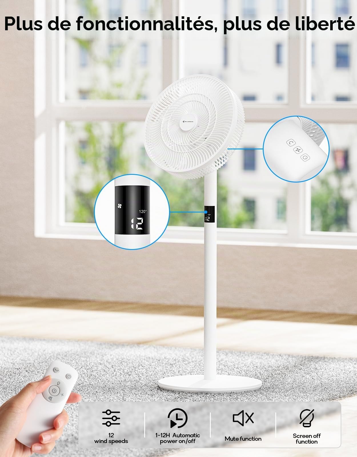 MYCARBON Ventilateur Sur Pied Silencieux avec Télécommande 20dB Moteur DC 2200m³/h 12 Vitesses 12h Timer Oscillation LED Écran Hauteur Réglable 102cm/74cm/48cm Ventilateur de Table pour Chambre