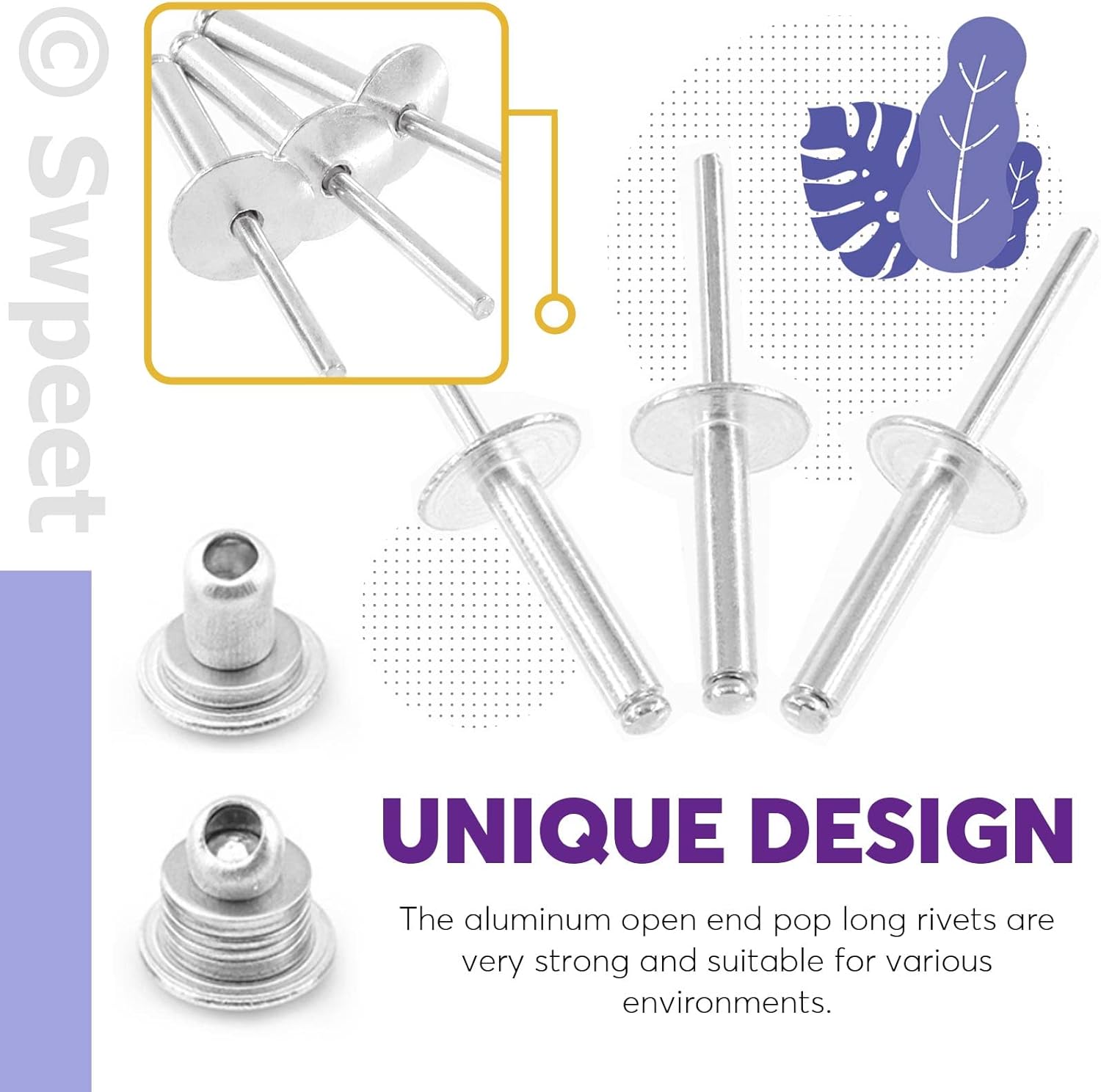 Swpeet 240Pcs 3/16" x 3/8" / 1/2" / 5/8"/ 3/4"/ 1" Large Flange Aluminum Blind Rivets Kit, Silver Pop Rivets Open End Type Pop Rivet for Indoor and Outdoor Use