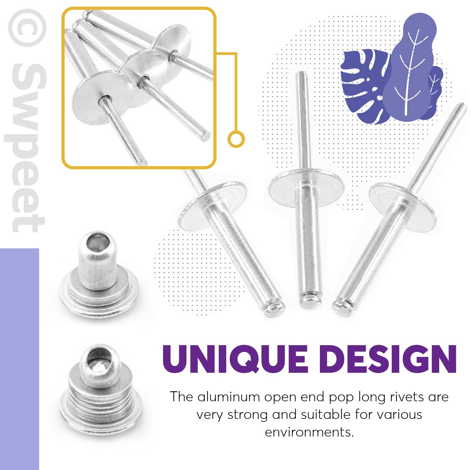 Swpeet 240Pcs 3/16" x 3/8" / 1/2" / 5/8"/ 3/4"/ 1" Large Flange Aluminum Blind Rivets Kit - Image 4