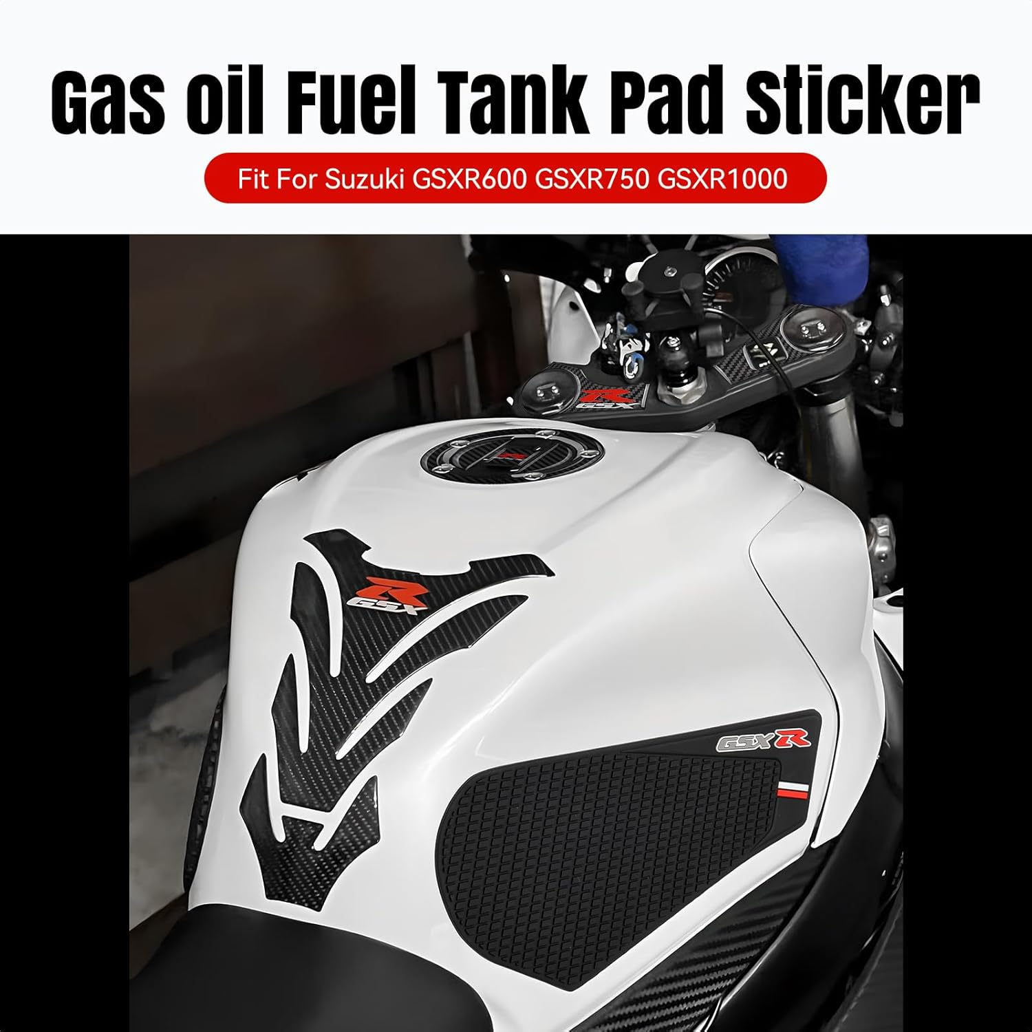 GSXR Motorcycle Tank Pad for Suzuki GSXR600 GSXR750 GSXR1000 Gas Tank Pad Protector Fuel Cap Decal Anti Slip Carbon Fiber Pattern Fuel Tank Sticker (18BK)
