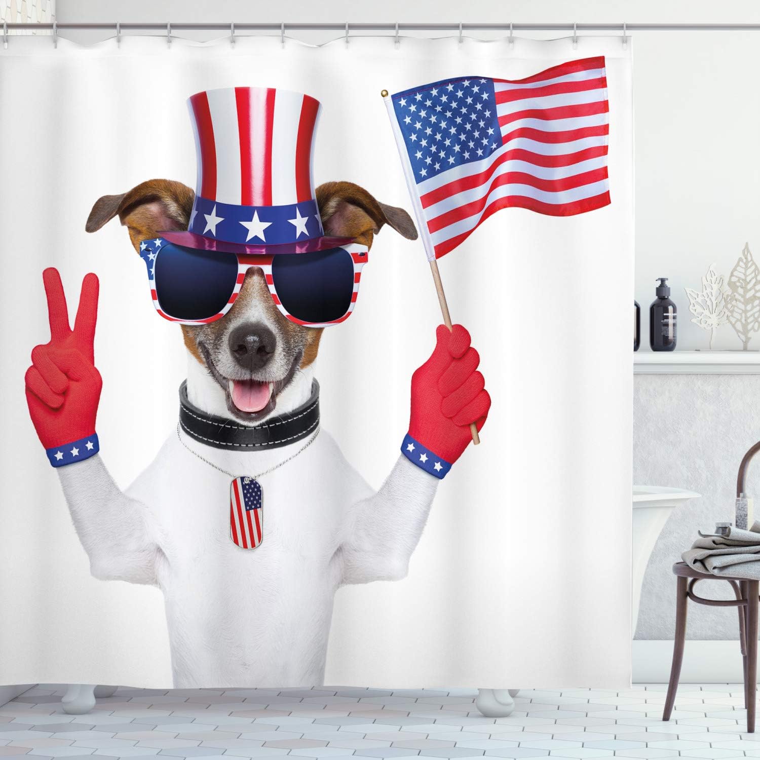 Ambesonne 4th of July Shower Curtain, Funny Pet Dog with an Uncle Sam Hat Holding a Peace Sign and an American Flag, Cloth Fabric Bathroom Decor Set with Hooks, 69" W x 75" L, Dark Blue Coral White