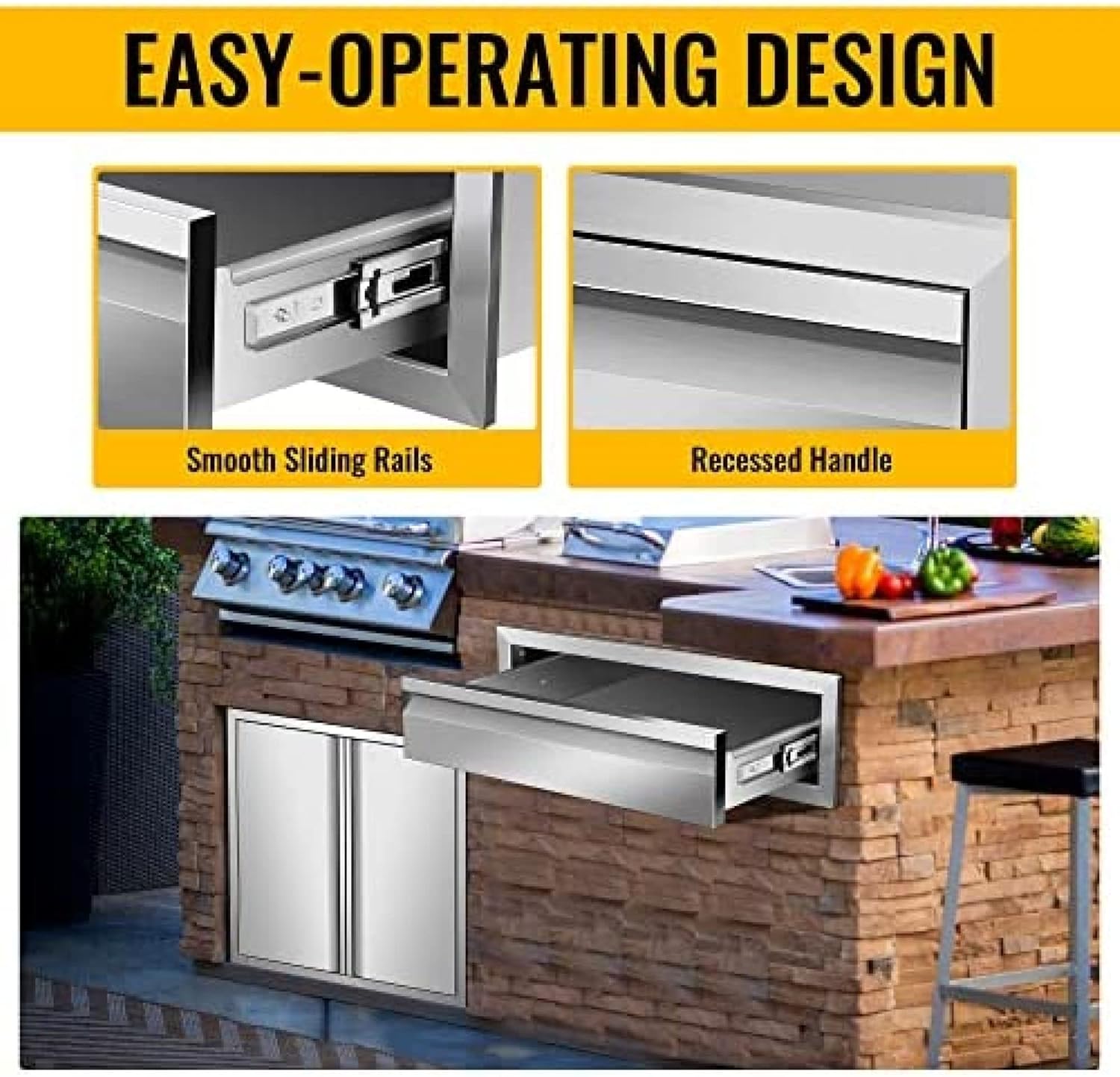 Outdoor Kitchen Drawers Stainless Steel Flush Mount BBQ Single Drawer for Outdoor Kitchen Island, Or Patio Grill Station,24W X 6.5H X 23D Inch