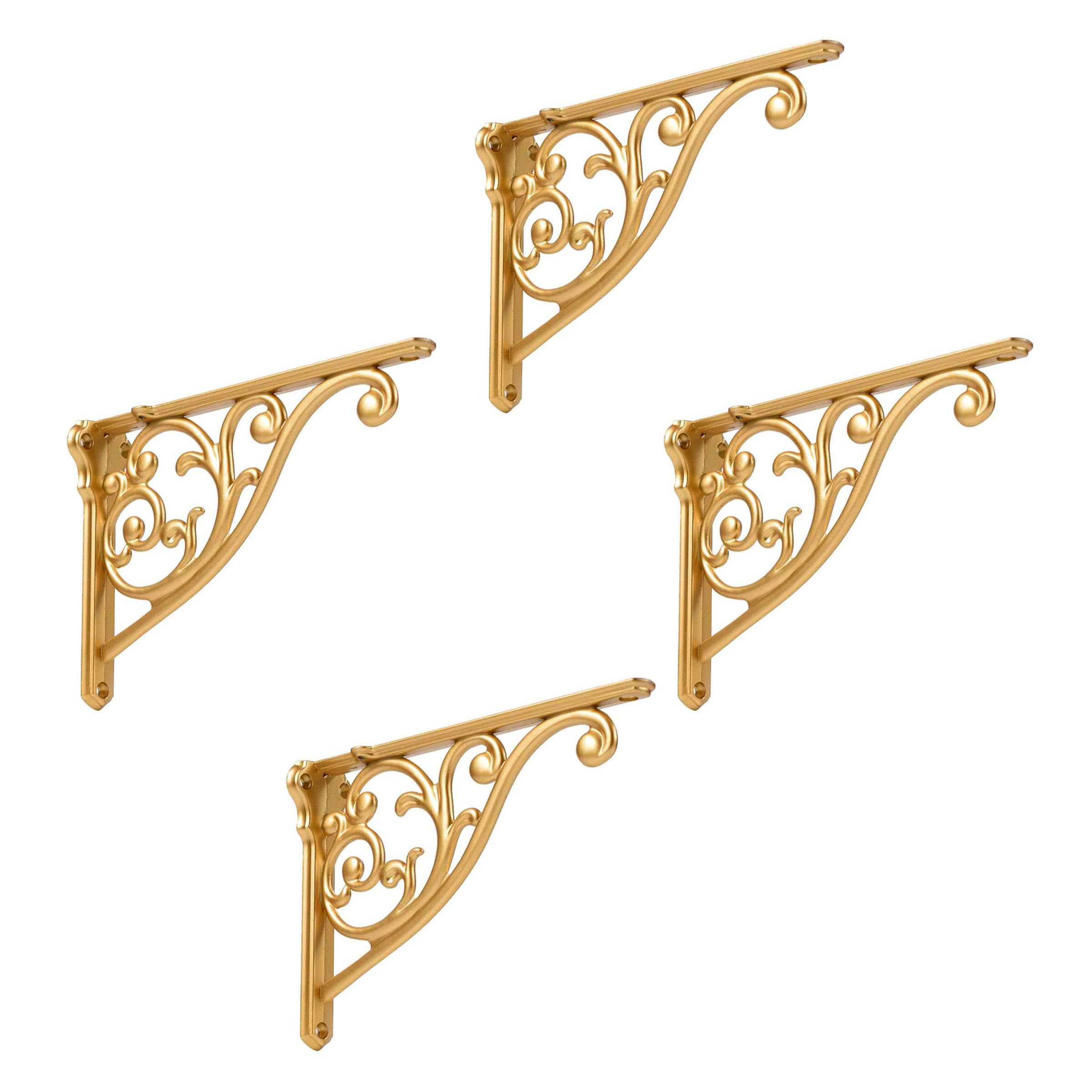 Shelf Brackets 4 Inch 4 Pack Heavy Duty Antique Gold Wall Bracket Victorian Kitchen Decorative Rack Shelves, Shelf Bracket Available in 8 finishes. (4, Antique Gold)