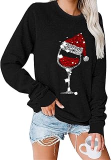 Fuyxxmer Womens Christmas Sweatshirt Red Wine Glass Santa Hat Graphic Sweater Long Sleeve Xmas Gift Pullover Blouse Tops