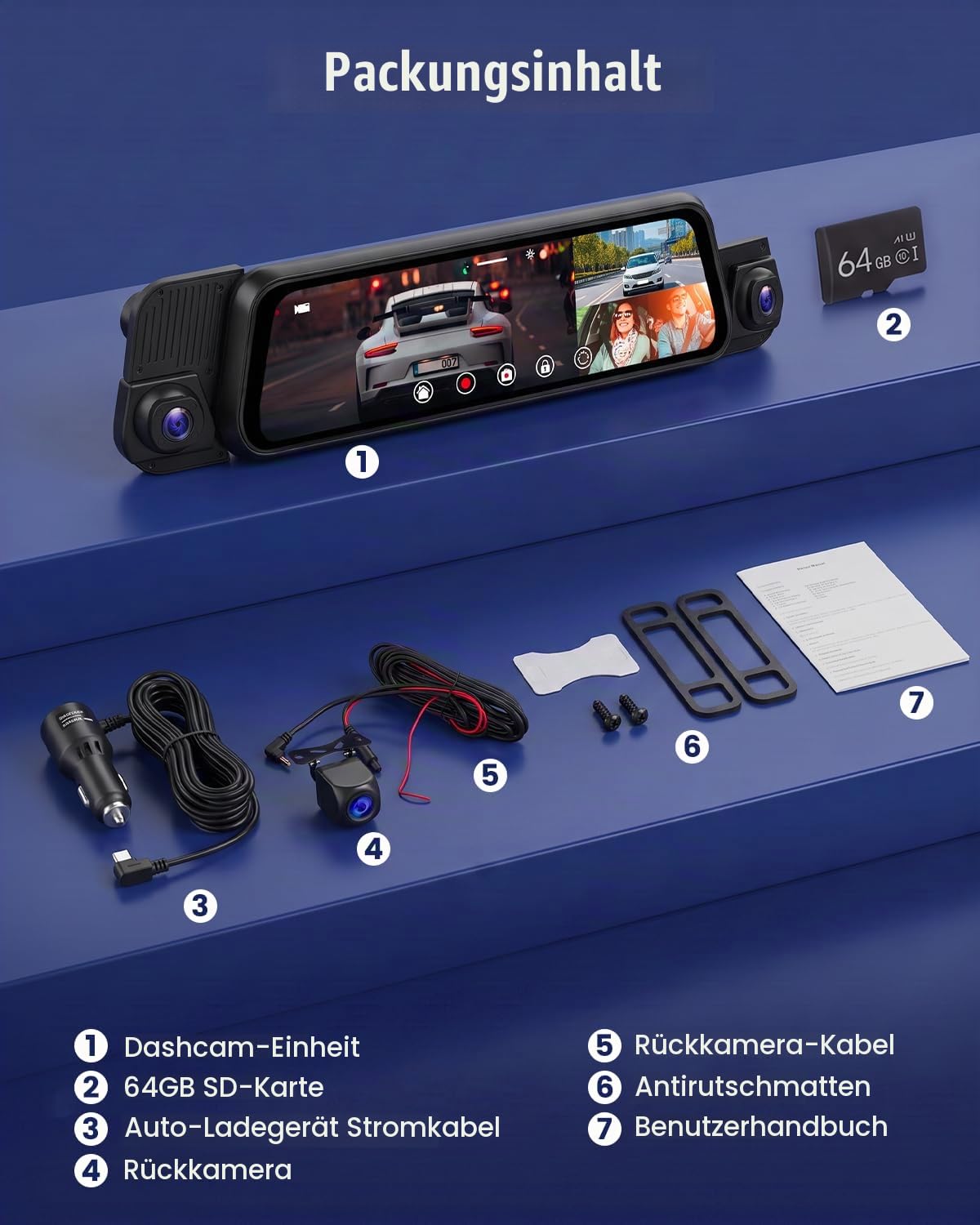 4-Kanal 9,7" Spiegel Dashcam, WiFi, G-Sensor, Nachtsicht IR, Loop