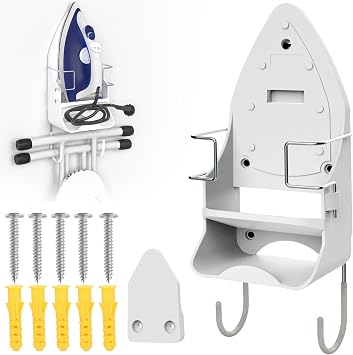 Wall Mount Iron,Ironing Board Hanger for Household Bathroom and Laundry Room, Electric Iron Holder with Hook-for Max 5.4" White
