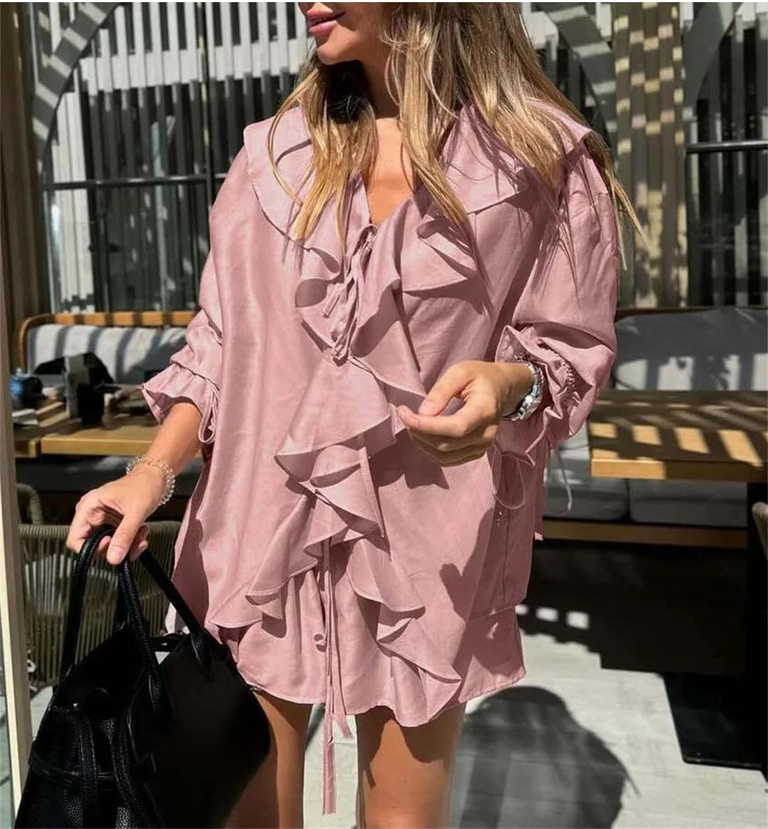 Women Elegant Ruffled Lace-Up Long Sleeve Shirts and High Waisted Shorts Female Set