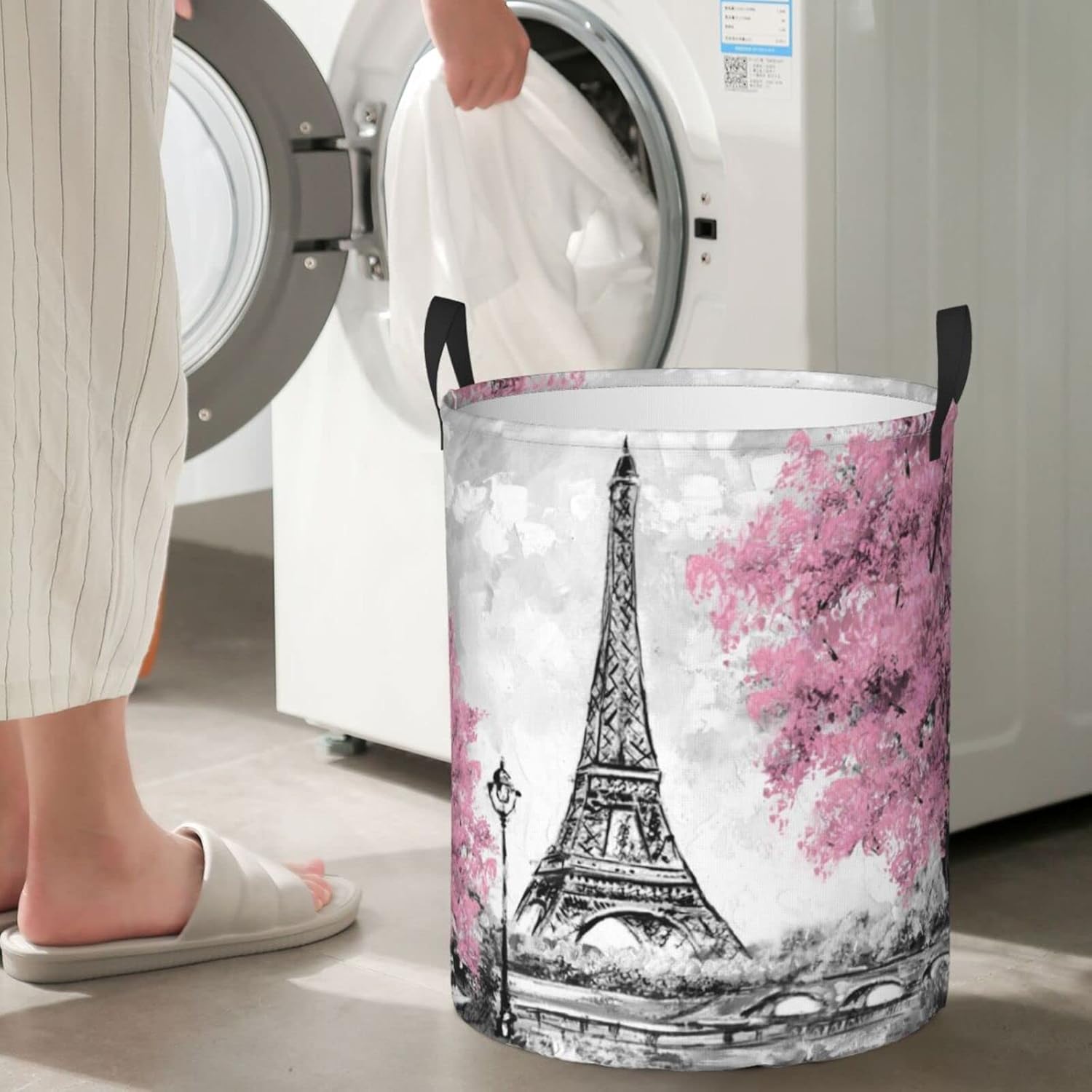 62l Round Laundry Hamper Retro Paris Eiffel Tower Storage Basket Waterproof Coating Organizer Bin For Nursery Clothes Toys