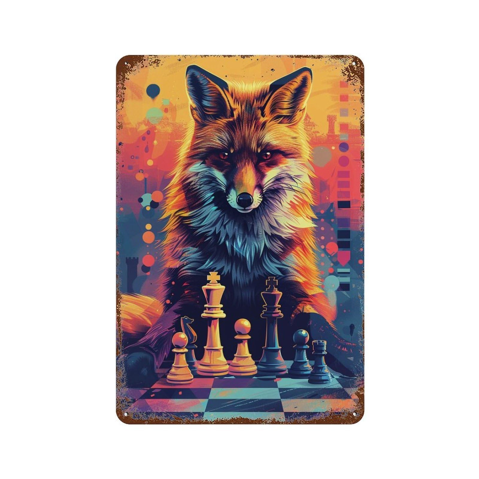 Fox Chess Masterpiece Rustic Tin Plaque 11.8"x7.9", for Pub, Kitchen And Man Cave Decor, Vintage Wall Decor
