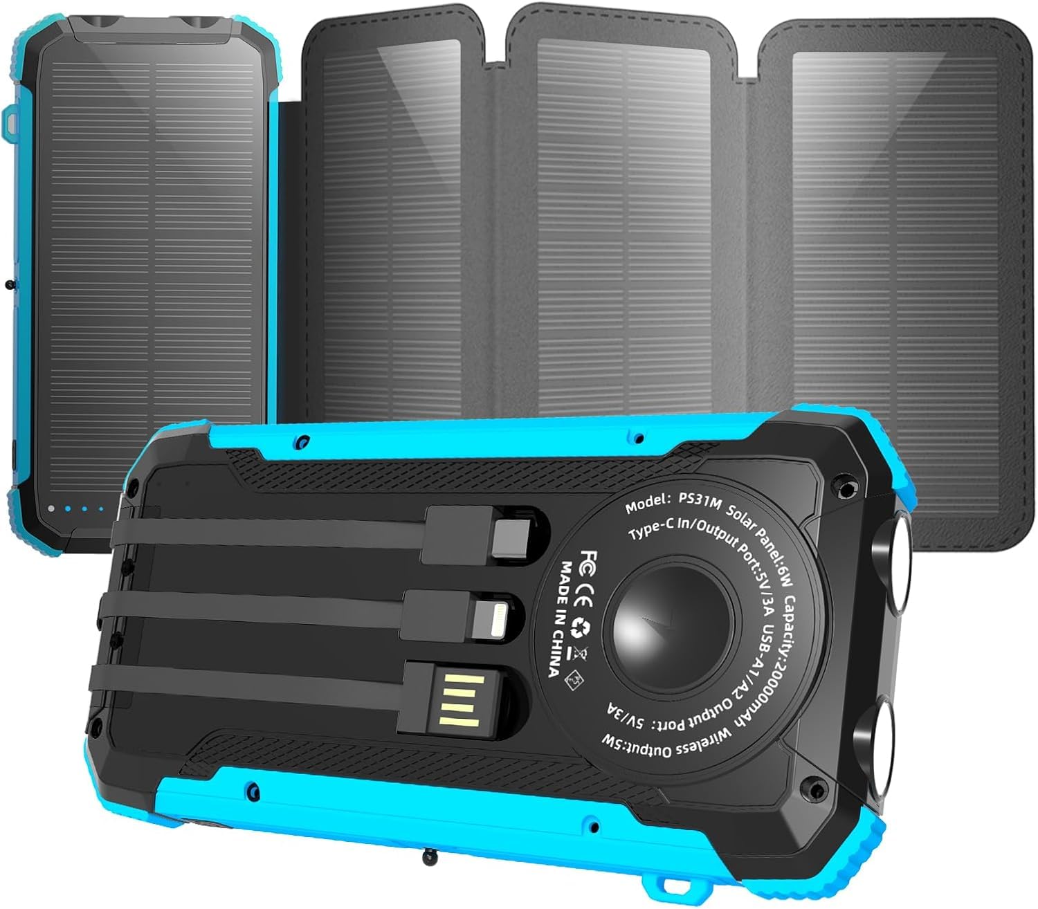 Portable Phone Charger Featuring Solar Power Bank 20000mAh 1 USB-C Port 2 USB-A Ports and Built-in Dual LED