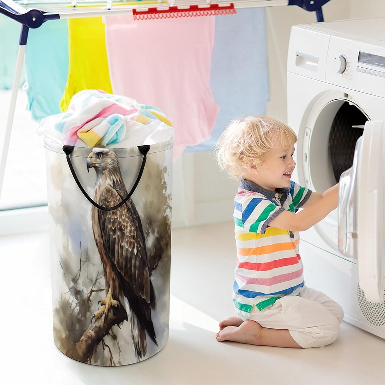 Watercolor of Hawk Sitting in The Tree Laundry Hamper Portable Lightweight Clothes Hampers Fashion Dirty Laundry Storage Basket Large Capacity Foldable Clothes Baskets for Bathroom Bedroom