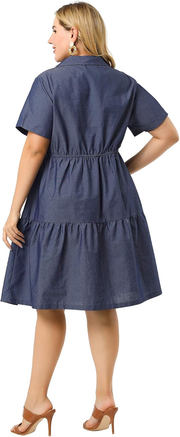 Agnes Orinda Plus Size Chambray Dress for Women Short Sleeve Button Down Flowy Tiered Shirt Dresses