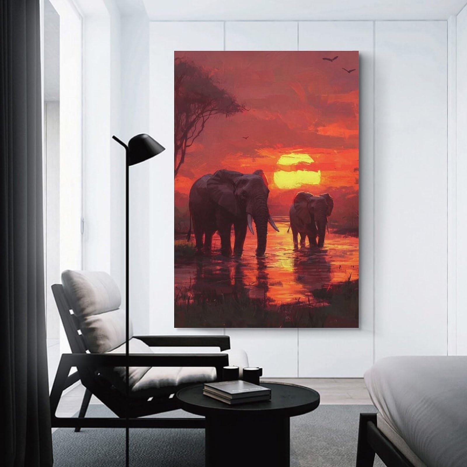 Junmoney Unframe-Style-16 Canvas Art Print Elephants At Sunset, 08X12inch(20X30cm), For Contemporary Homes, Apartments Or Offices, Decorative Canvas Decor For Home Updates