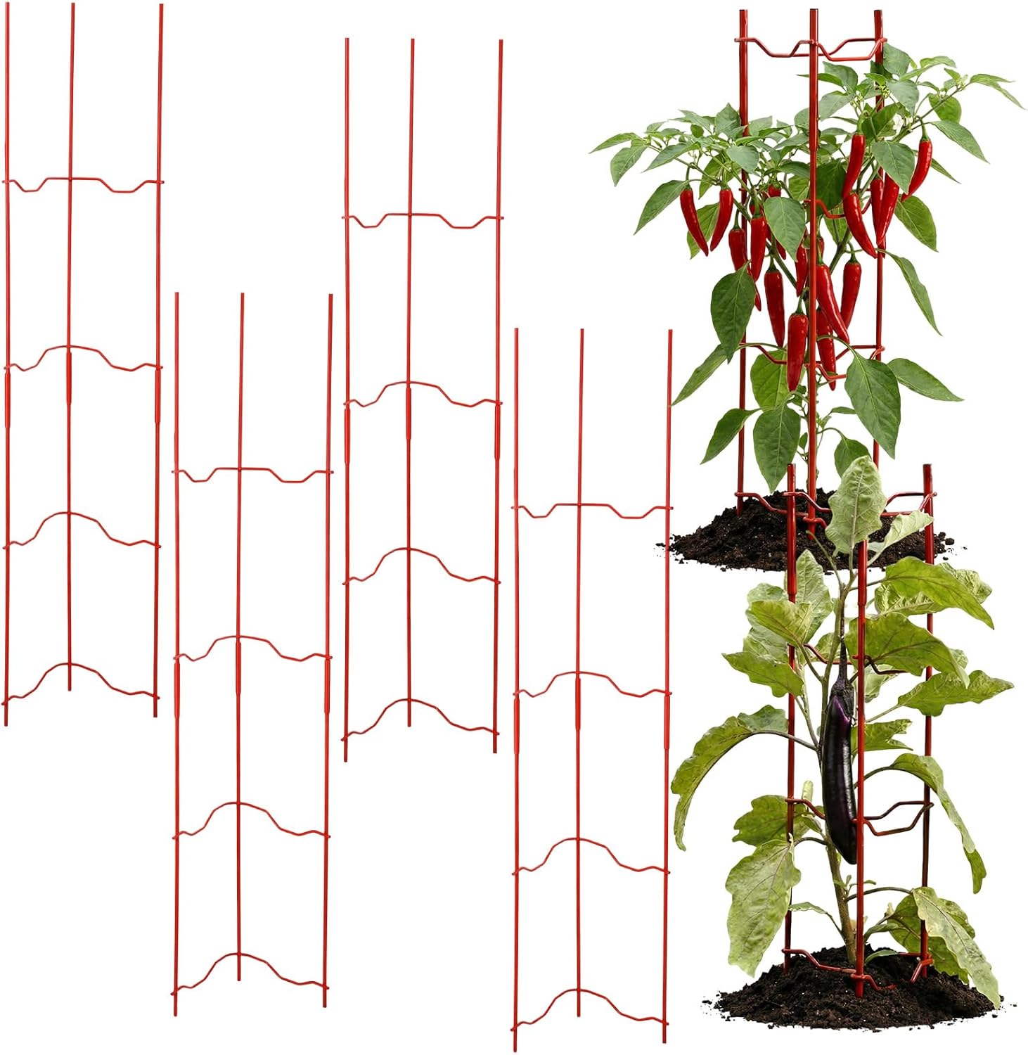 4 Pack Tomato Cage for Garden, 6" W x 6" D x 32" H Pepper and Eggplant Garden Stakes Metal Plant Support Sturdy V-Shape Trellis for Climbing Plants Vegetables Flowers Fruits