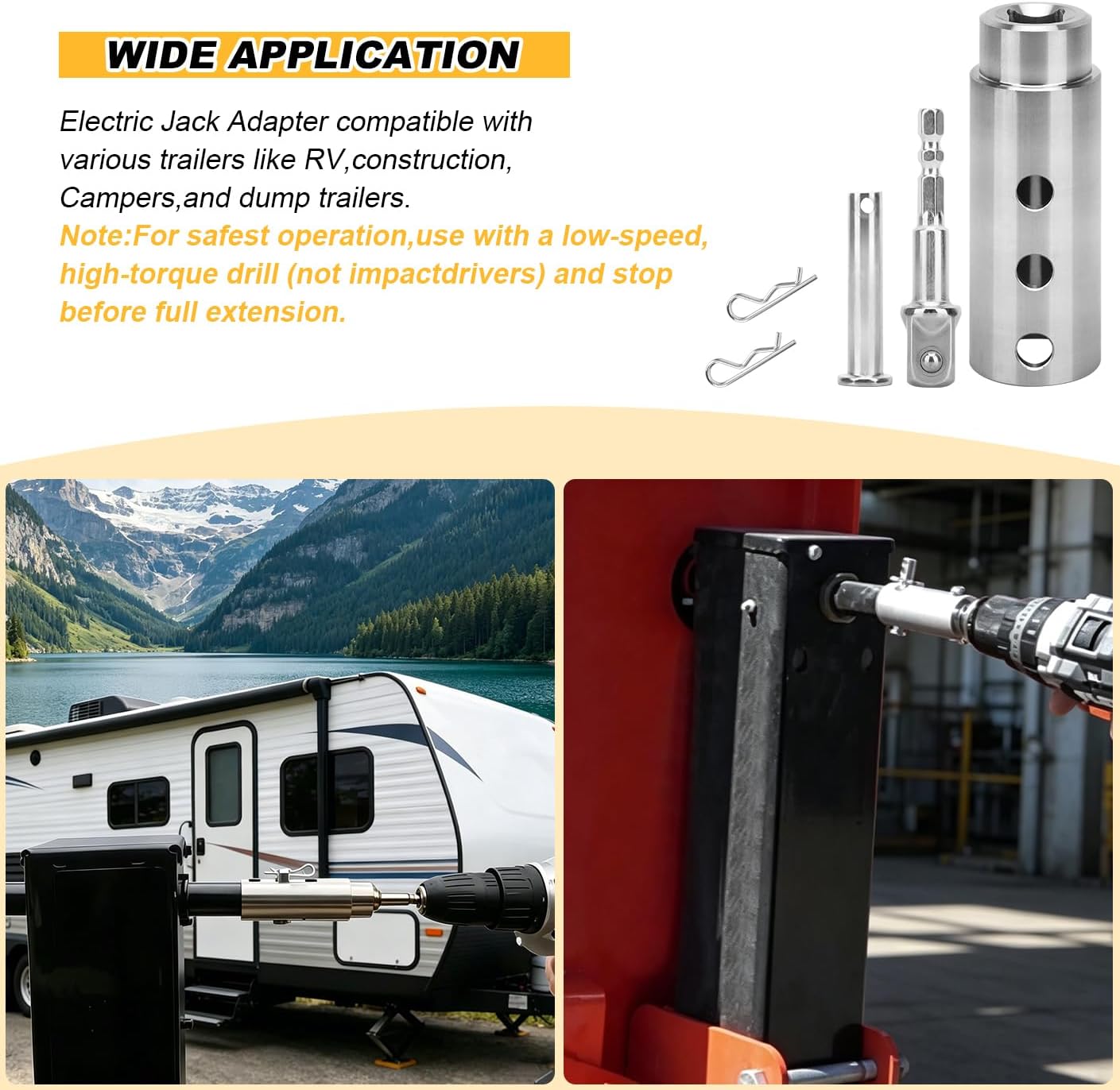 Trailer Jack Drill Adapter for 1 Inch Jack Drive Shaft, Stainless Steel Trailer Jack Adapter with 1/2" Socket Bit Compatible with Cordless Drill, Jack Tool for RV, Camper, Dump Trailer