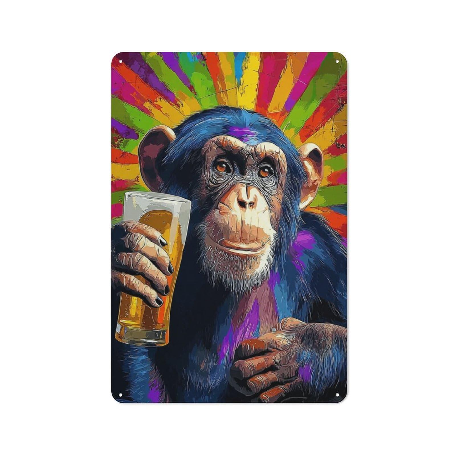 Junmoney Chimp With Beer Rainbow Background Retro Vintage Metal Sign 30X20cm, Small Space Decor For Hallway, Home Bar, Garage Or Study