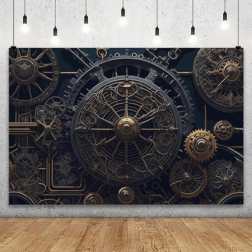 Miniatura 2 de YongFoto Telón de fondo antiguo steampunk de 6 x 4 pies, relojes de metal retro, esfera industrial, fondo de fotografía mecánica, pancarta de fiesta