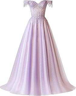 Off Shoulder Tulle Prom Dresses Sparkly Ball Gowns for Women Sequin Beaded A Line Evening Party Dress - Buy now