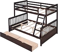 Vista 30 de Harper & Bright Designs Litera de tamaño matrimonial sobre matrimonial con 3 cajones, litera de madera maciza con almacenamiento y riel