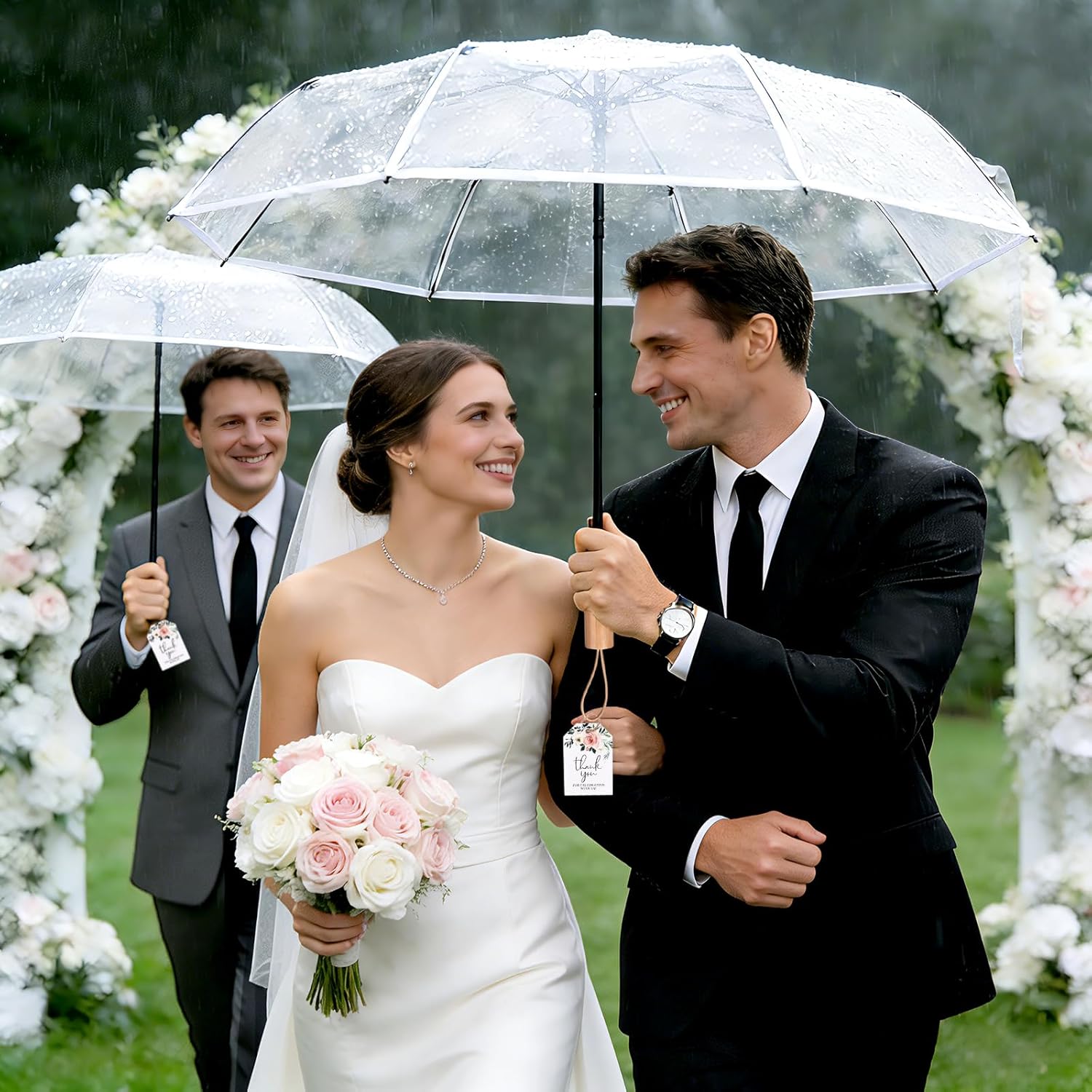 Clear Wedding Umbrellas with Thank You Cards – Transparent Folding Umbrella for Wedding Decoration, Windproof & Rainproof for Bridal Shower, Wedding Bride Groom Photography