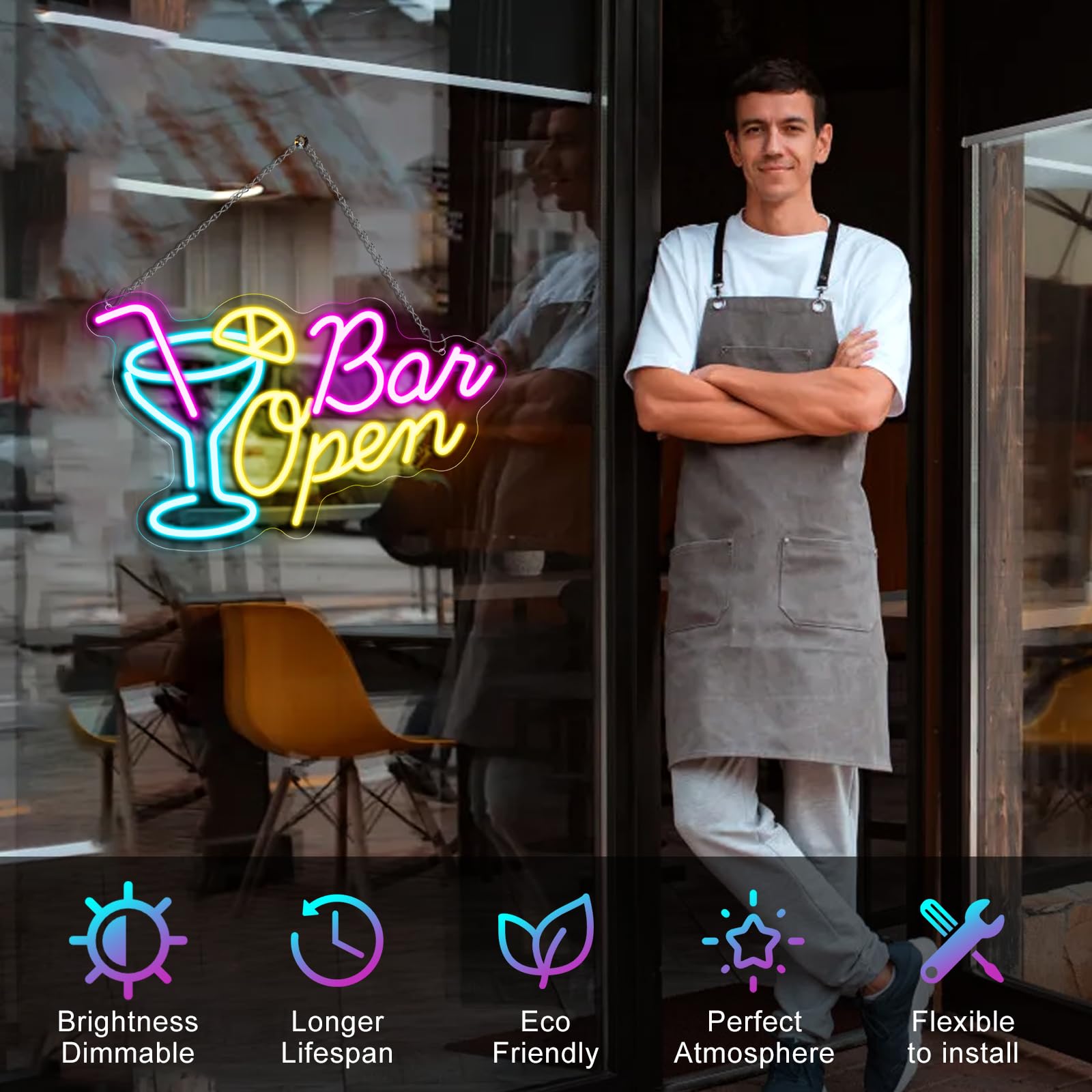 inShareplus Bar Open Neon Schild, Cocktail Leuchtreklame für Wand, Dimmbar Bar Schild mit USB-Betrieb, Open Schild für Bar, Hausbar, Club, Bistro, Party, Open Sign für Schaufenster Dekorationen