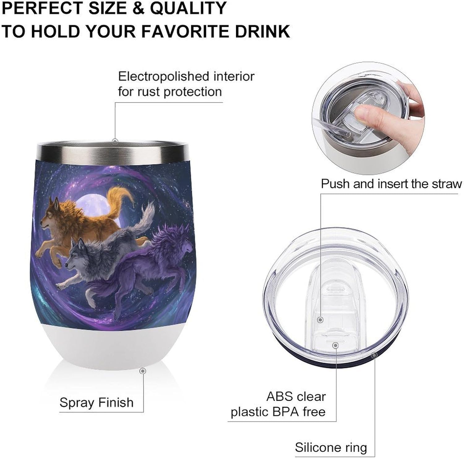Wolf Galaxys Cosmic Insulated Drinking Cup Stainless Steel Coffee Mug Wine Tumbler with Lid 12OZ