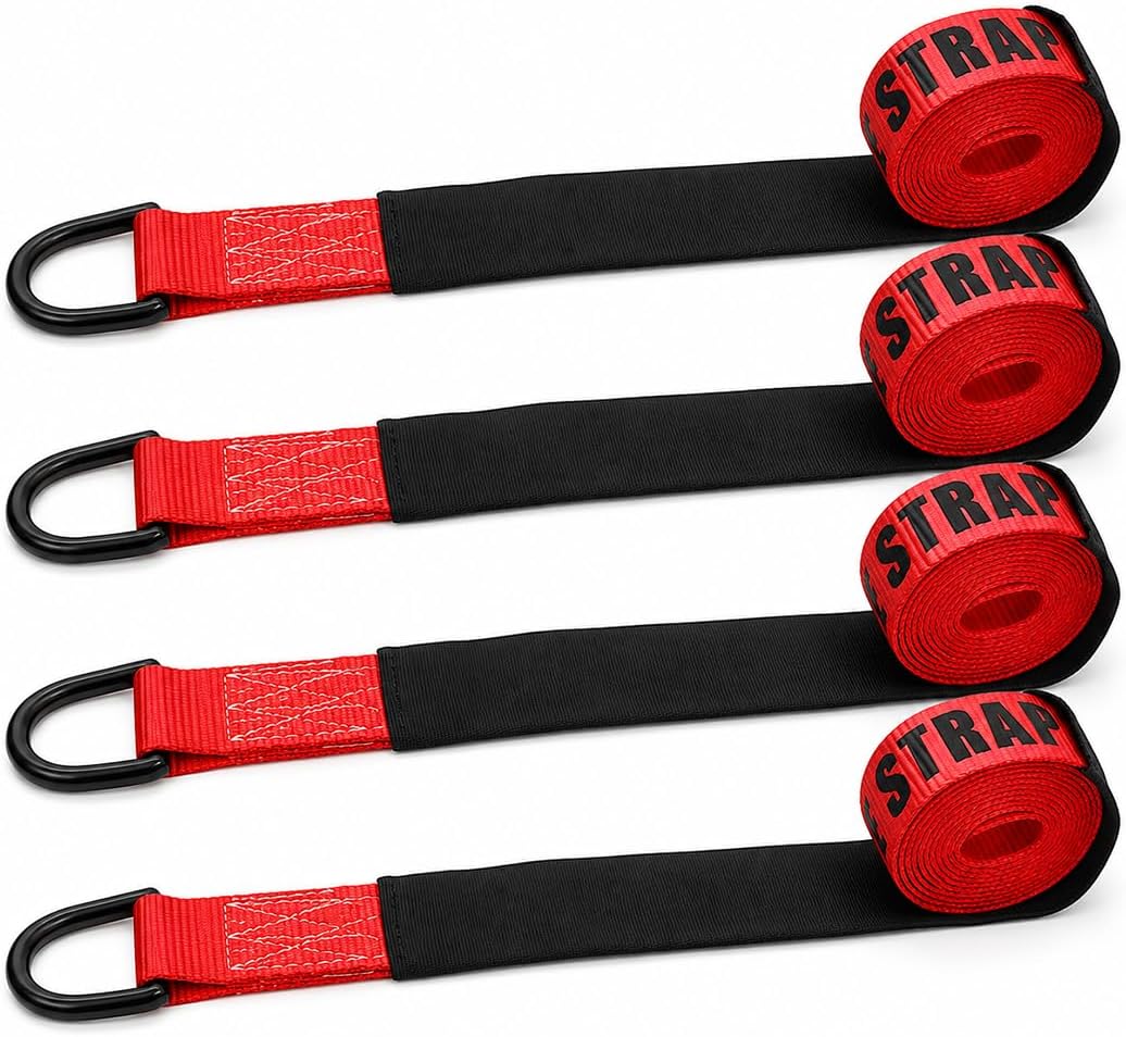 Boxer Pro 2 in x 10 FT Red Lasso Tow Strap with Forged D Ring & Axle Strap– Protective Sleeve – Car Tie Down, Auto Hauler, Auto Transport – 10,000lbs (4 Pack w/Axle Strap)