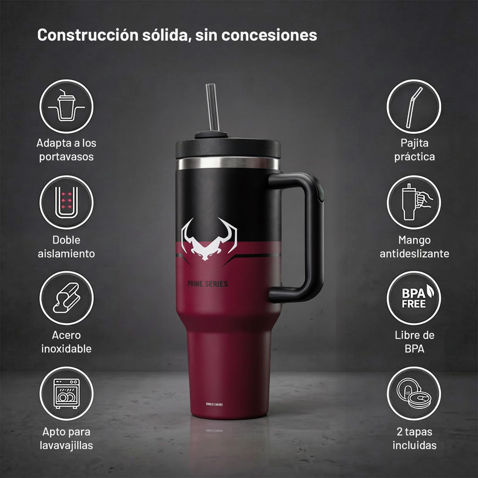 Diablo vaso térmico grande 1200 ml acero inoxidable con asa y pajita reutilizable tapa 3 en 1 vaso isotérmico portátil mantiene frío y caliente para café coche viaje oficina hermético