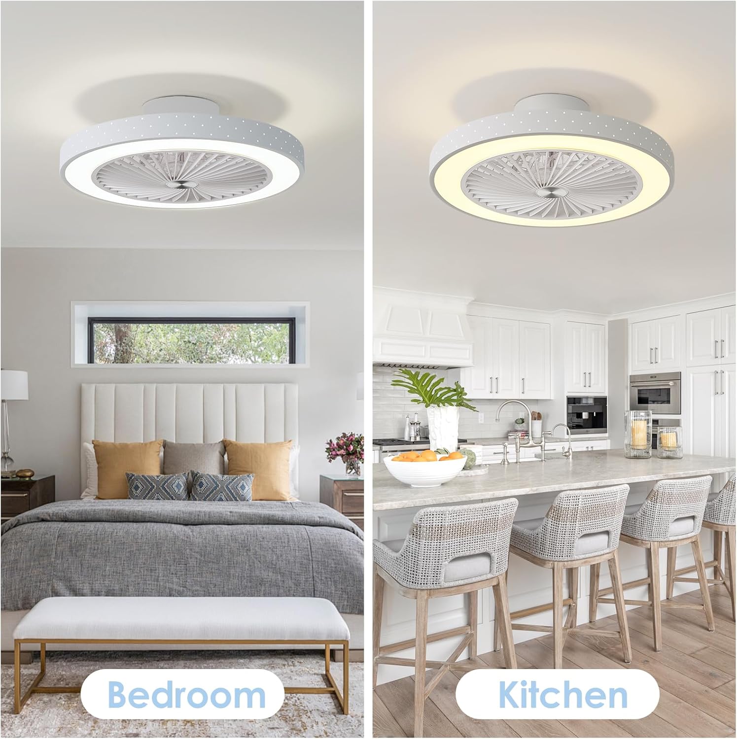 POWROL Ceiling Fans with Lights Low Profile Flush Mount with Remote Control 6 Wind Speeds Dimmable 3 Colors Iron 18.9Inch Invisible Bladeless Enclosed White Fan Light for Bedroom Kitchen image 4 of 8 B09KBCVGQ6