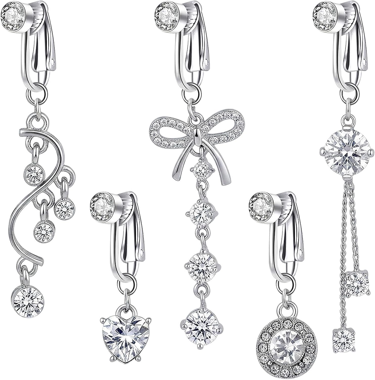 Fake Belly Button Ring Clip-On - 5Pcs Navel Clip with Round Zirconia for Women, Ear Clips or Clip on Belly Button Rings Non Piercing for Beach Vacation Party Body Accessories