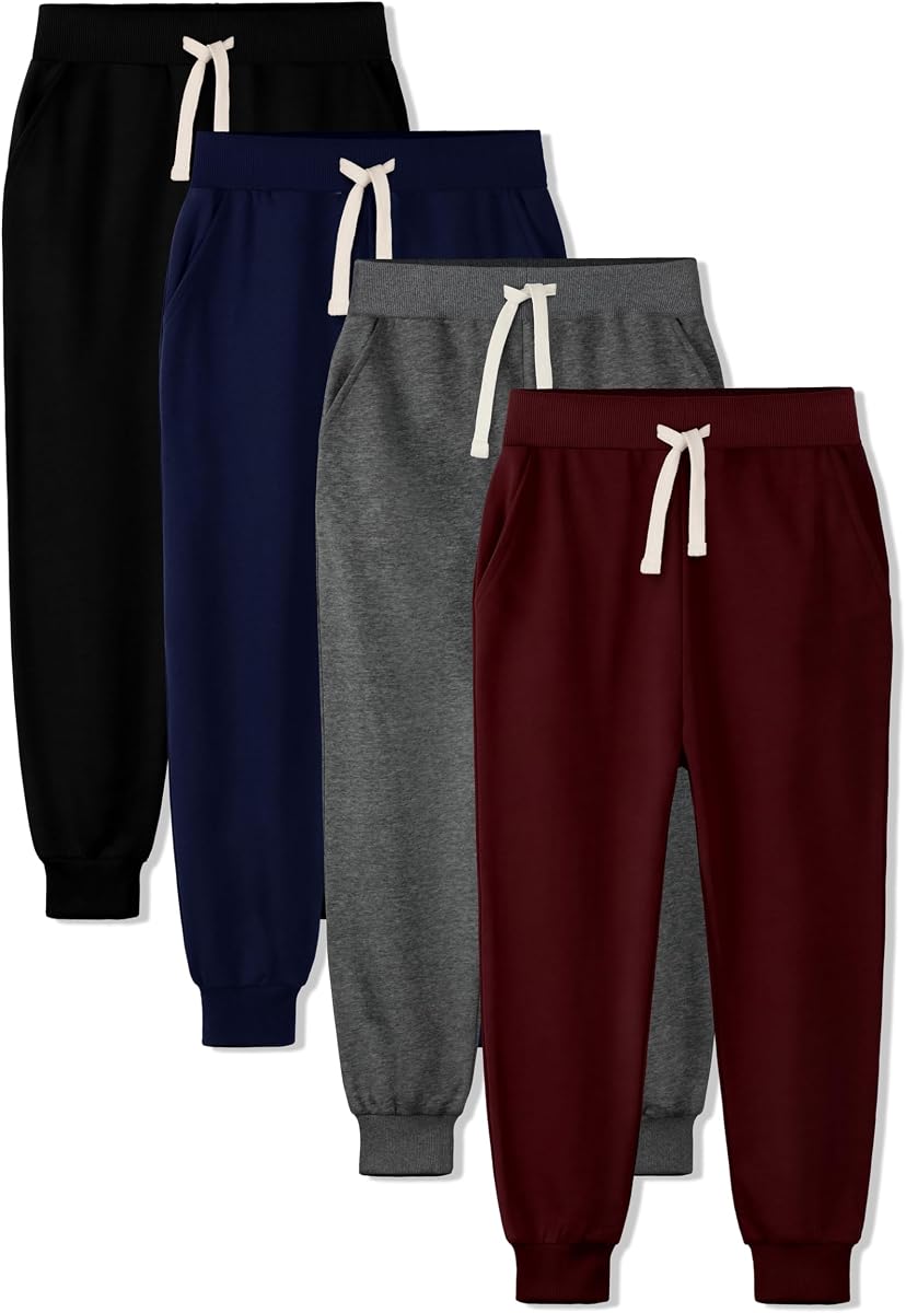 Paquete de 4 pantalones deportivos para niños, pantalones deportivos de algodón para niños, pantalones deportivos juveniles con bolsillo | Pantalones deportivos de algodón para niños, bolsillo de dos lados, cintura elástica y cordón, para niños jóvenes de 5 a 16 años, para deportes escolares diarios