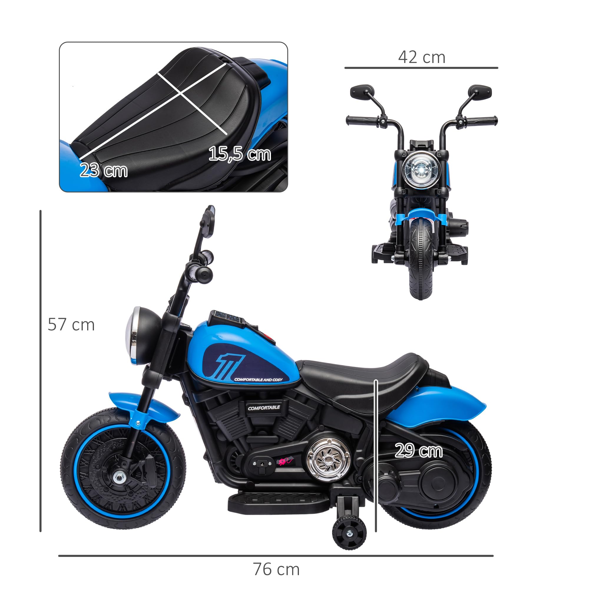 HOMCOM Elektro Kindermotorrad mit Scheinwerfer für Kinder 1,5-3 Jahre Blau | Elektromotorrad, 3 km/h Elektro Motorrad, 2 Stützräder