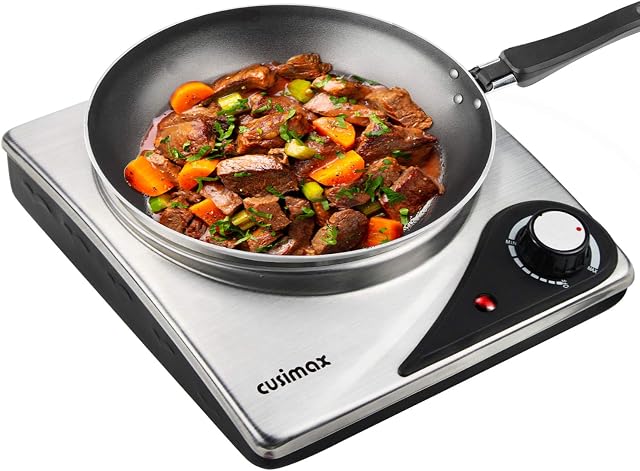 CUSIMAX Hot Plate for Electric Cooking Portable Single Hob, Cooktop Table Top Hob with Cast Iron Hob Rings Electric Burner with Temperature Control, Stainless Steel, 1500W