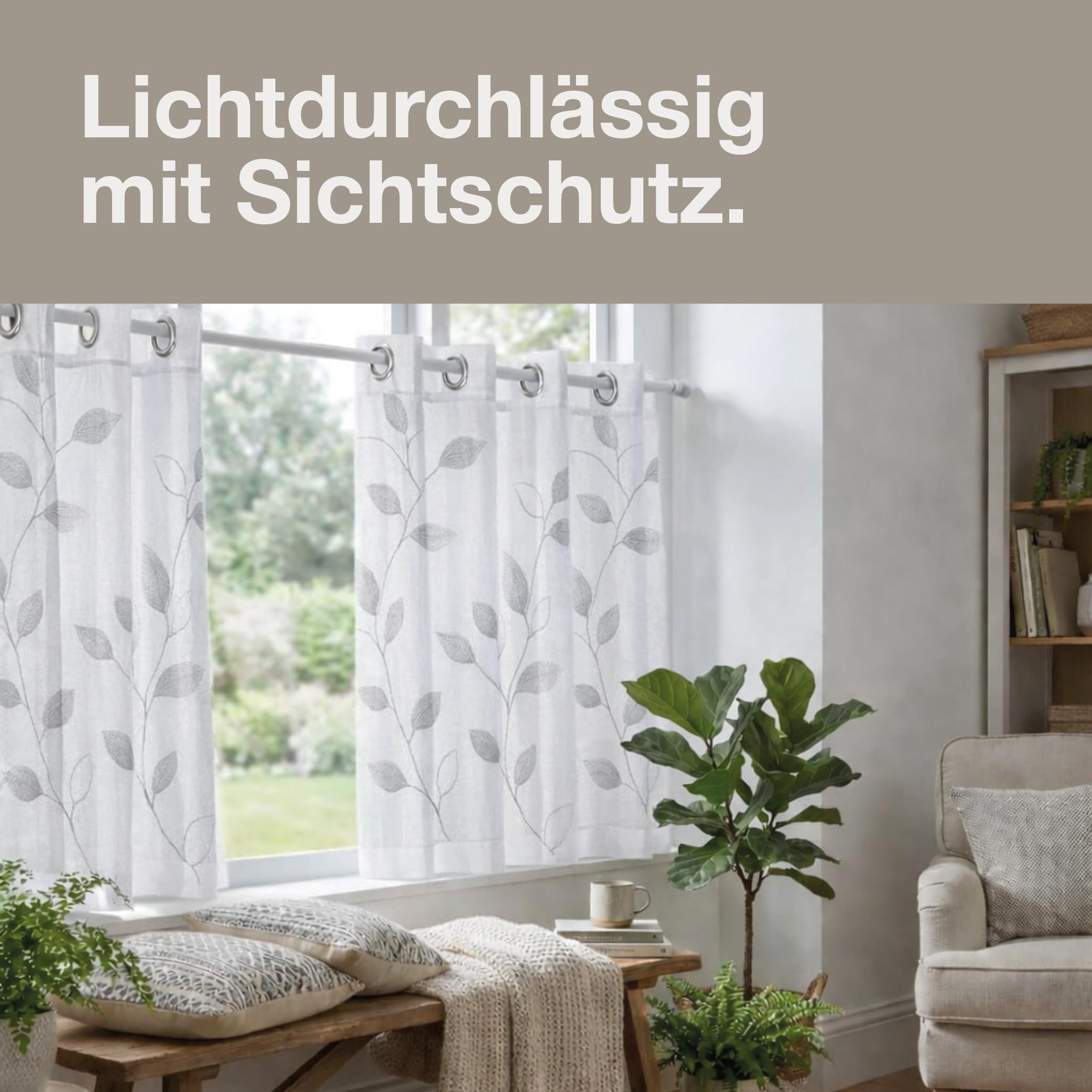 Happy Home 2er Set Scheibengardine Mina Weiß 205x50 cm – Moderne Bistrogardine mit Gardinenband – Halbtransparente Kurzgardine für Küche & Bad – Sichtschutz & Fenstergardine waschbar
