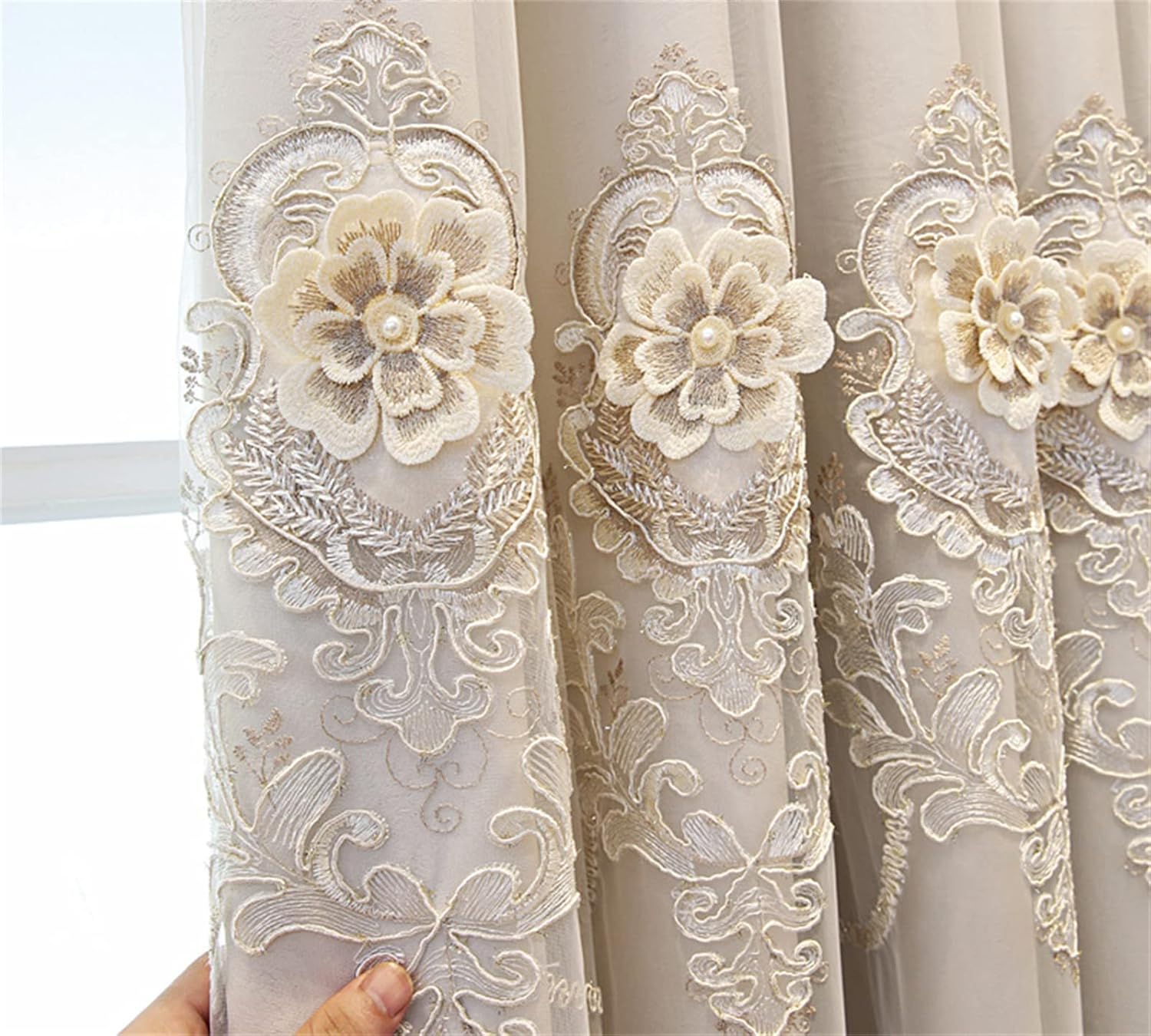 JESSANS Luxury European Curtains for Bedroom Elegant Thermal Insulated Grommet Top Double Living Room Doors Blackout Curtain and Lace Double Layer Flower Embroidered Tulle Sheer (Beige, 54 * 96in)