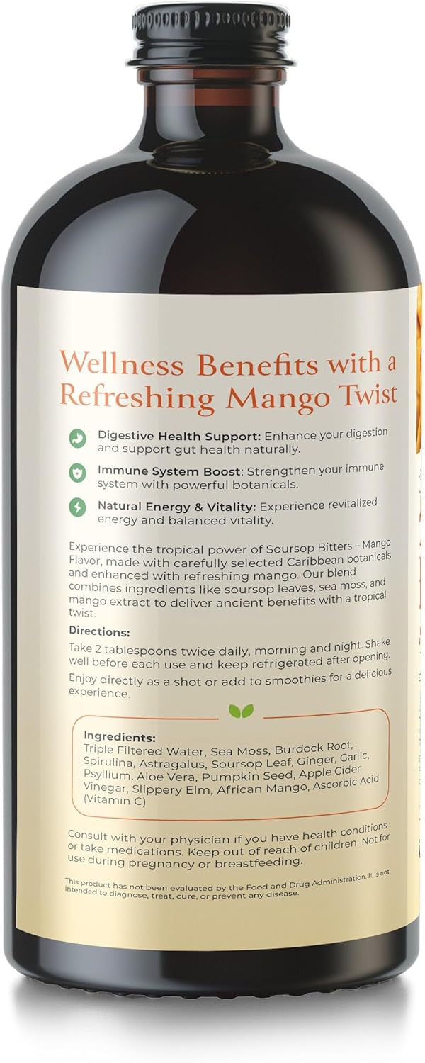 Mira's Harvest Soursop Bitters Liquid Mango Flavor, Premium Grade For Immune Boost, with Irish Moss, Burdock Root, African Mango 16oz