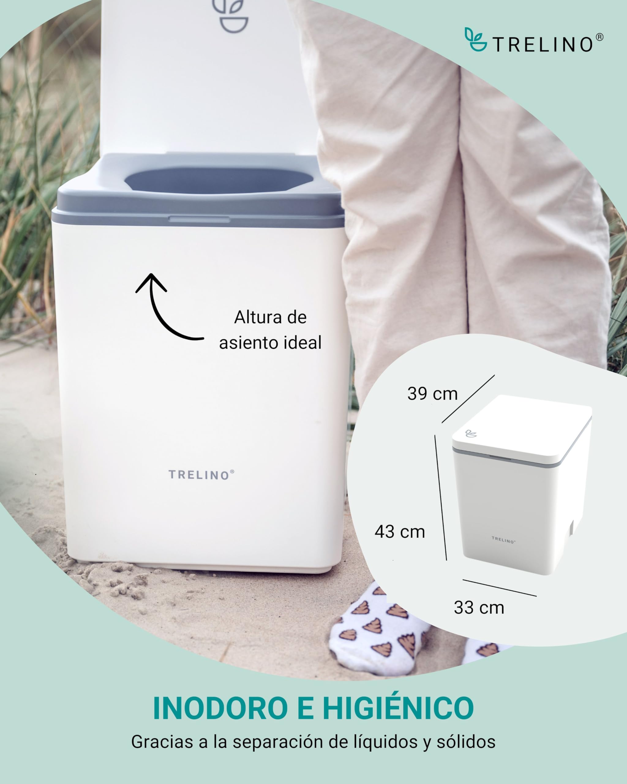 TRELINO EVO L, 39 x 33 x 43 cm, baño seco con Separador, WC portátil para Camping y Uso al Aire Libre, Inodoro seco para Furgonetas y autocaravanas, sin Agua ni Productos químicos