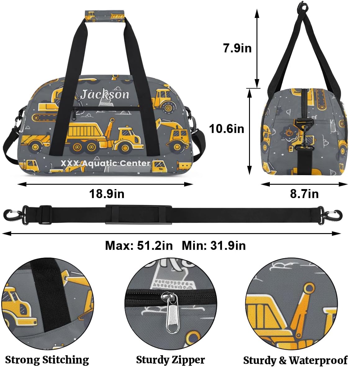 Personalized Cool Car Gym Duffel Bags for Kids Boys with Custom Name Sport Training Travel Bags for Overnight Weekender - Grey