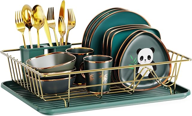 iSPECLE Dish Drying Rack, Small Dish Rack with Tray Compact Dish Drainer for Kitchen Counter Cabinet, Black (Green)
