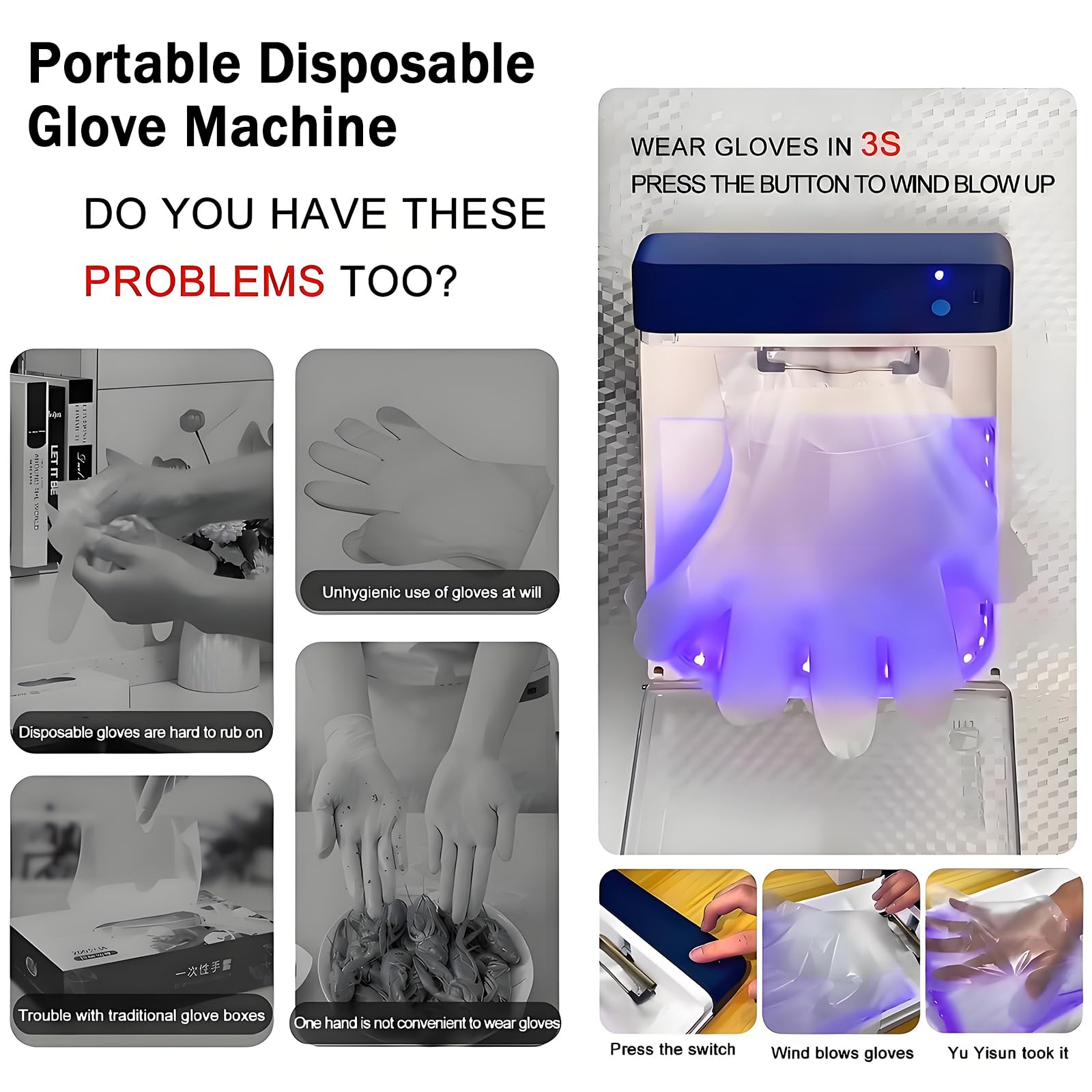 Dispensador automático de guantes, máquina de guantes desechable portátil con esterilización UV, montaje en pared, recargable, uso rápido, incluye 100 guantes