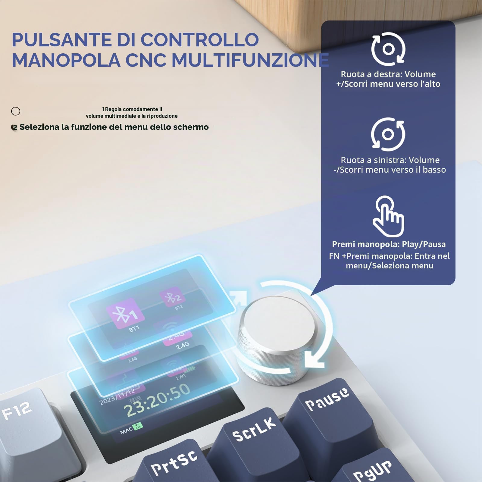 ATTACK SHARK K86 Tastiera Meccanica Wireless, Tastiera da Gioco 2.4G/BT5.0/USB-C Cablata, 75% Layout TKL 87 Tasti QWERTY, Display a Colori TFT HD da 1,2'' e CNC Knob, Hot-swap RGB Backlit - Blu