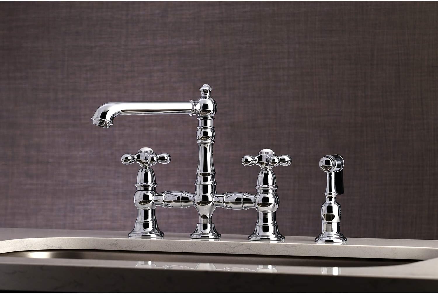 Kingston Brass KS7271AXBS English Country 8" Bridge Kitchen Faucet with Sprayer, Polished Chrome
