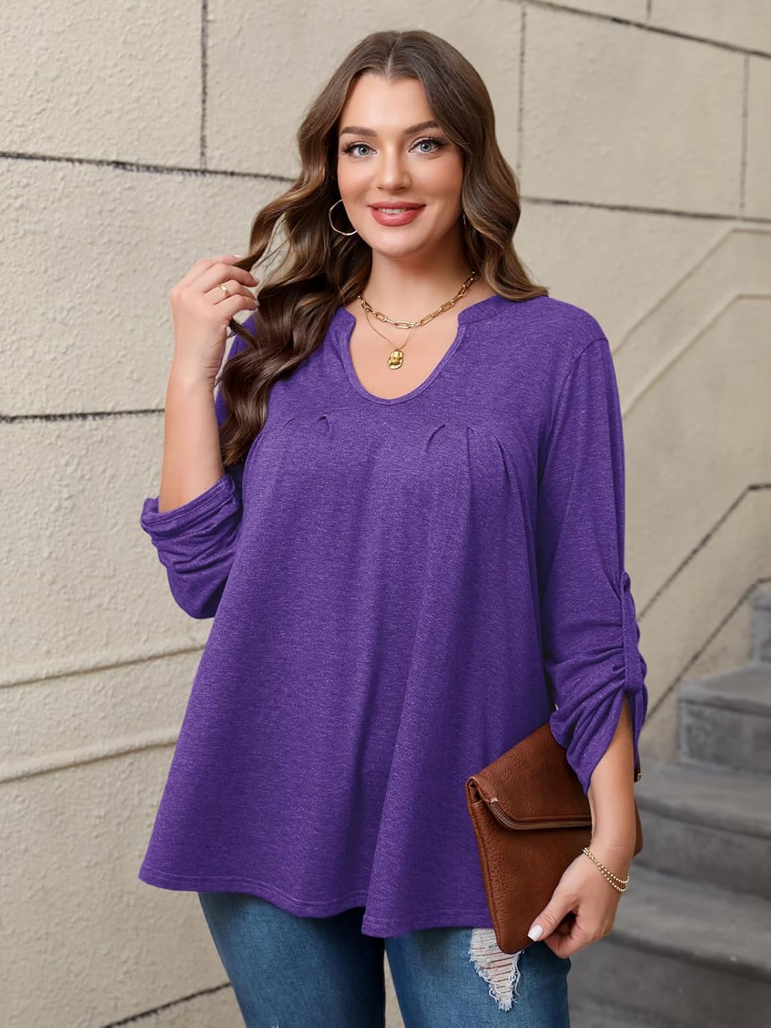 Women's Plus Size Tops V Neck Roll Up 3/4 Sleeve Tunic Pleated Casual Shirts Trendy Dressy Flowy Going Out Blouse - Image 5