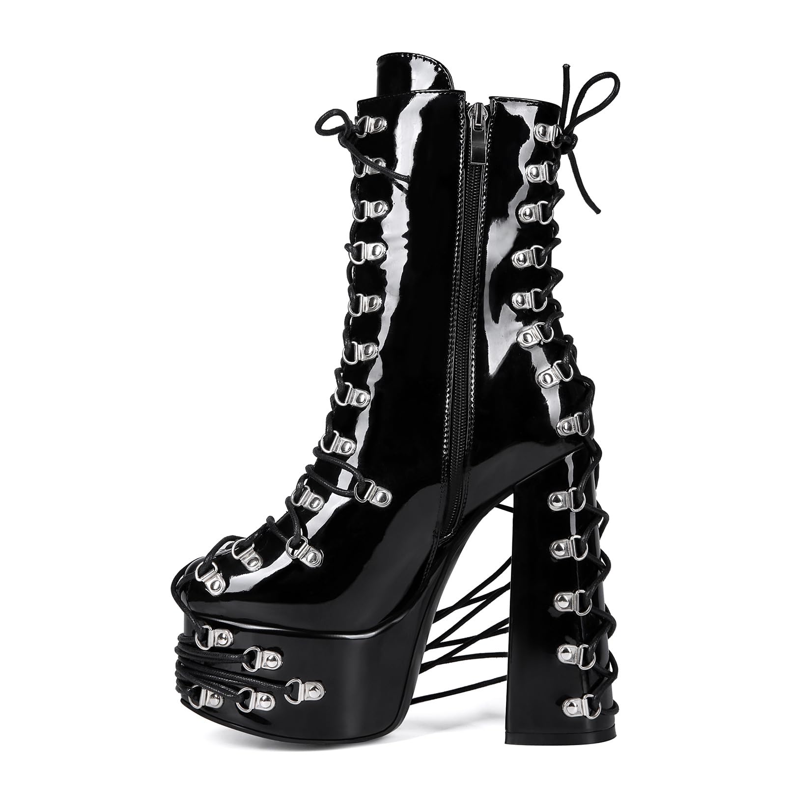 Damen Stiefeletten Plateau Schnürboots Blockabsatz Schnürstiefeletten mit D-Ringen Verzierter Schnürung