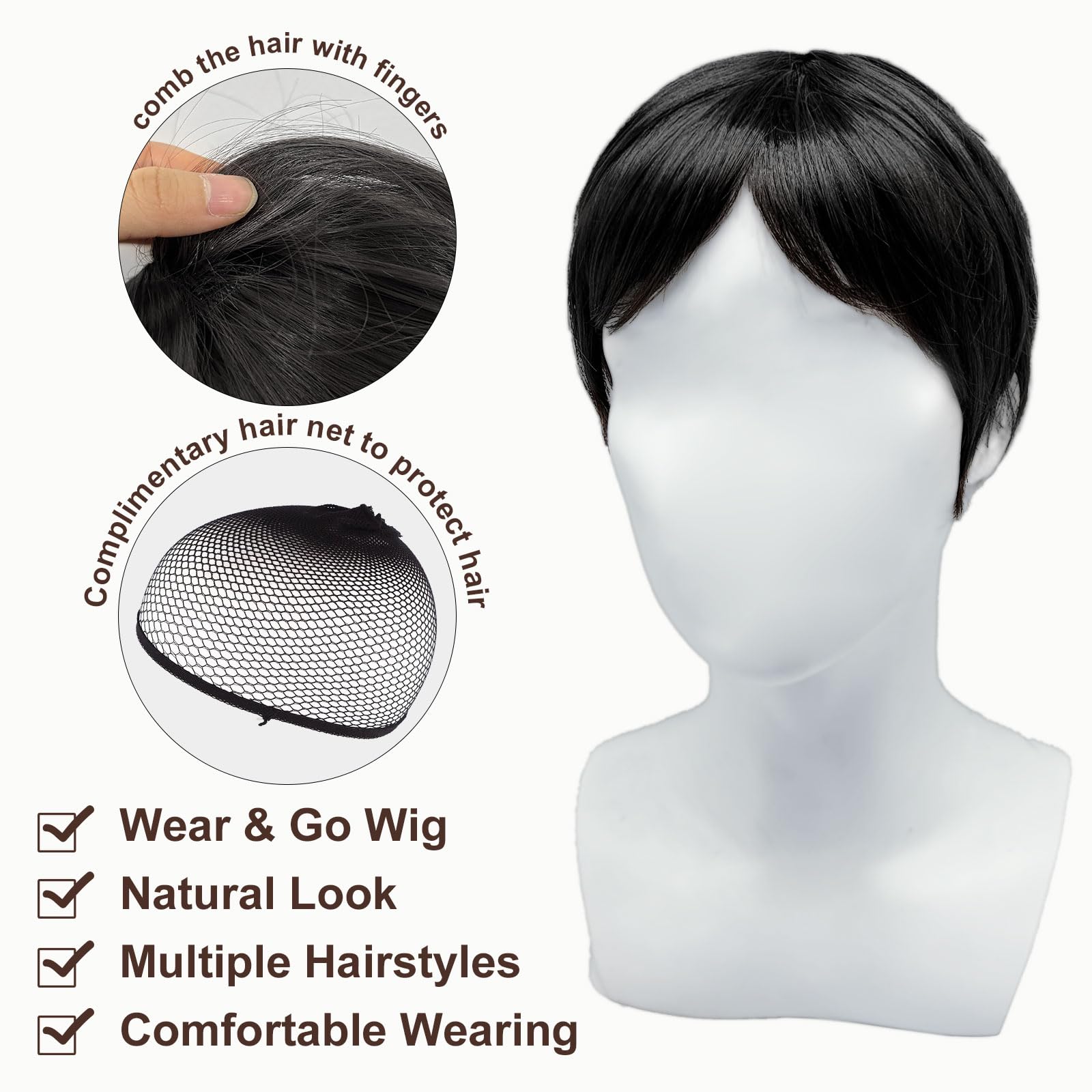 EUPSIIU Short Human Hair Wigs for Women Short Wigs Pixie Cut Wigs with Bangs Synthetic Women for Daily Use Fancy Dress Cosplay Halloween Daily Costume Replacement Wig(Black) - Image 3